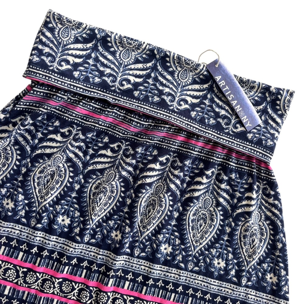 Artisan NY Womens S Blue Pink Paisley Boho Print Foldover Waist Maxi Skirt Beach